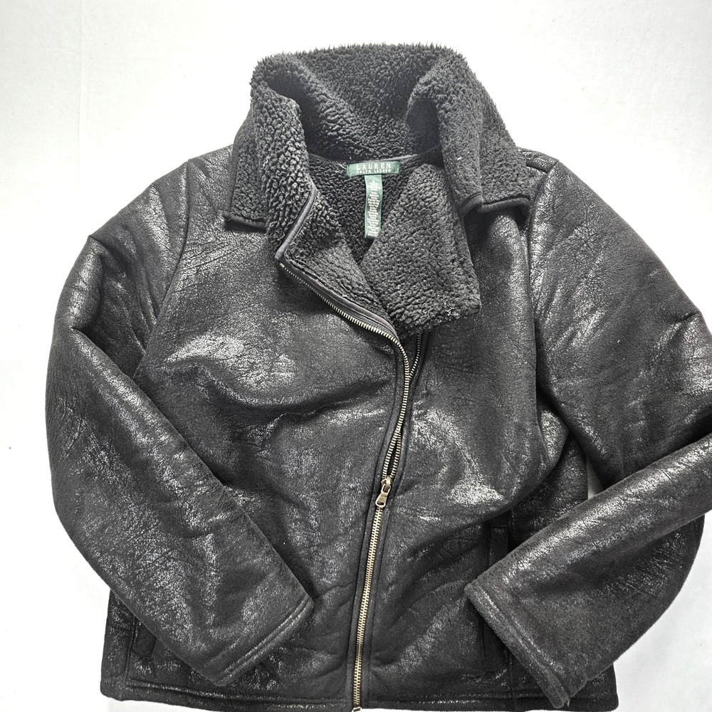 Lauren Ralph Lauren Women Black Faux Shearling Aviator Jacket Small